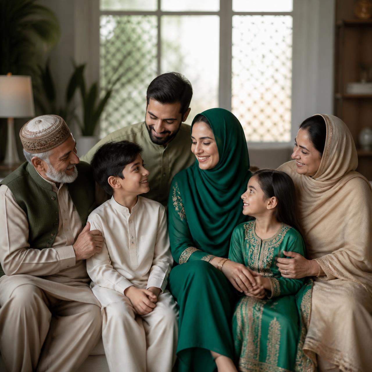A multi-generational Pakistani Muslim family sharing a warm moment at home, representing the protection and peace of mind offered by Digital Takaful.